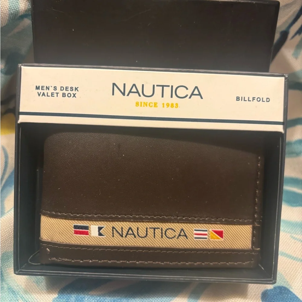 Nautica Brown Leather Money Clip Wallet with Flag Accent
